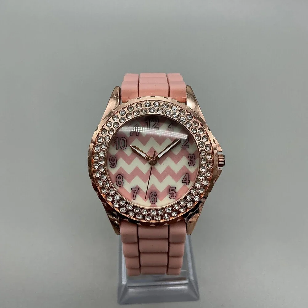Womens Watch 39mm Pink Chevron Dial Crystal Bezel Pink Silicone Quartz W770